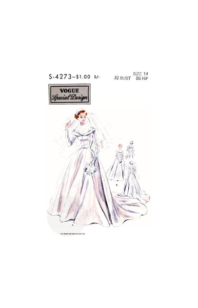 50s Rare Bridal or Bridesmaid's Dress in Two Lengths and Cap, Bust 32", Hip 35" Vogue S-4273, Vintage Sewing Pattern Reproduction