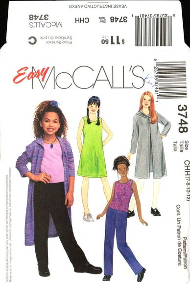 McCall's 3748 Girls' Sweatercoat, Dress, Top and Pants, Uncut, Factory Folded Sewing Pattern Multi Size 7-12