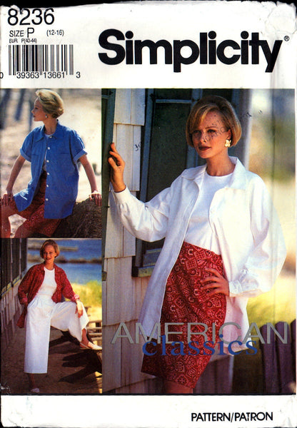 Simplicity 8236 Split Skirt in Two Lengths, Slim Skirt and Shirt Jacket, Uncut, Factory Folded Sewing Pattern Size 12-16