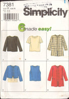Simplicity 7381 Six Pullover Tops with Long or Short Sleeves and Jacket Made Easy, Uncut, Factory Folded, Sewing Pattern Size 6-10
