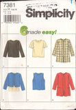Simplicity 7381 Six Pullover Tops with Long or Short Sleeves and Jacket Made Easy, Uncut, Factory Folded, Sewing Pattern Size 6-10