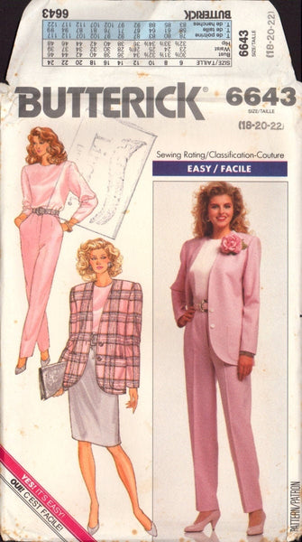 Butterick 6643 Jacket, Top, Skirt and Pants, Uncut Factory Folded Sewing Pattern Size 18-20-22