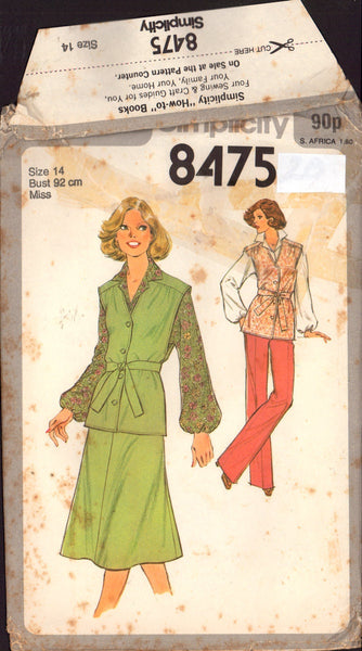 Simplicity 8475 Vest, Skirt, Pants, Blouse, Tie Belt Sewing Pattern Size 14