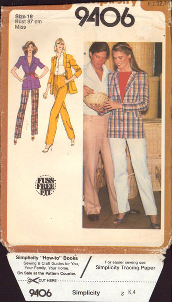 Simplicity 9406 Pants And Unlined Jacket, Uncut Factory Folded Sewing Pattern Size 16
