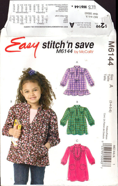 McCall's 6144 Children's and Girls' Tops and Dress, Sewing Pattern Size 3-6
