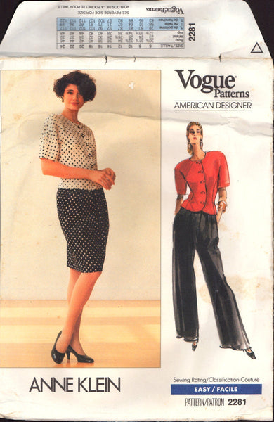Vogue 2281 Sewing Pattern Top Skirt Pants Size 6-8-10 PARTIALLY CUT, COMPLETE