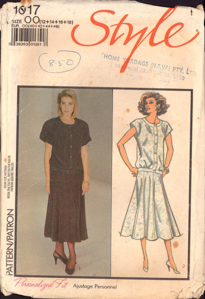 Style 1017 Loose-Fit, Two-Piece Dress with Button Front, Panelled and Flared Skirt, Sewing Pattern Size 12-18