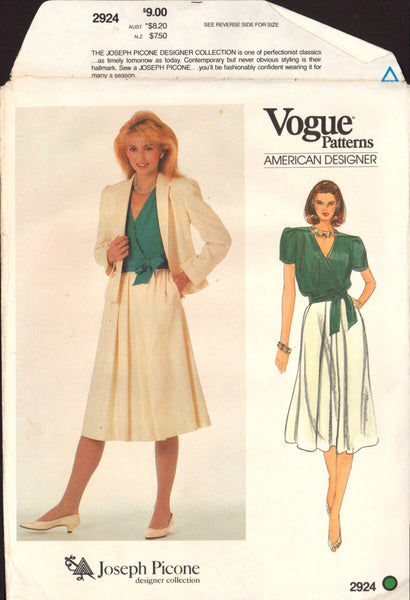 Vogue 2924 Joseph Picone Skirts, Blouses, Belt and Jacket, Size 10 or 16, CUT, COMPLETE