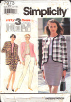 Simplicity 7973 Slim Pants, Straight Skirt and Trimmed Jacket in Two Lengths, Uncut, Factory Folded, Sewing Pattern Size 12-18