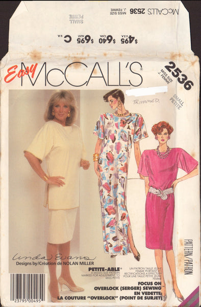 McCall's 2536 Nolan Miller Short Sleeved, Straight, Pullover Long or Short Dress or Tunic and Skirt, Sewing Pattern Size 10-12 Cut, Complete
