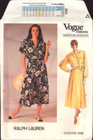 Vogue American Designer 1722 Ralph Lauren Shirt Dress with Long or Short Sleeves, Uncut, Factory Folded Sewing Pattern Size 12