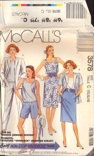 McCall's 3578 Unlined Jacket, Top, Skirt Pants Shorts, Uncut Factory Folded Sewing Pattern Size 10-12-14