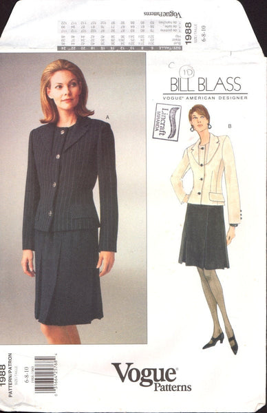 Vogue 1988 Sewing Pattern Bill Blass Jacket And Skirt Size 6-8-10, CUT, COMPLETE