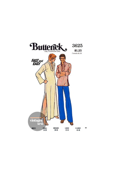 70s Men's Long Sleeve Caftan or Top, Size 34-36, 38-40, 42-44 or 46-48, Butterick 3625, Vintage Sewing Pattern Reproduction