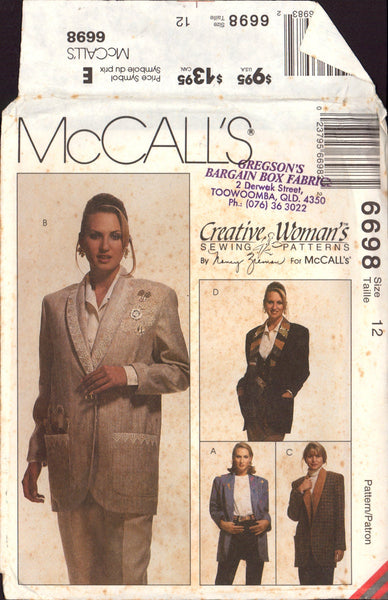 McCall's 6698 Women's Unlined Jacket, Uncut, Factory Folded Sewing Pattern Size 12