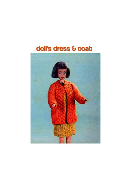 Vintage 60s Knitted Dress and Coat for a  11" (27.94 cm) Doll such as Barbie or Sindy, Knitting Pattern, Instant Download PDF 2 pages