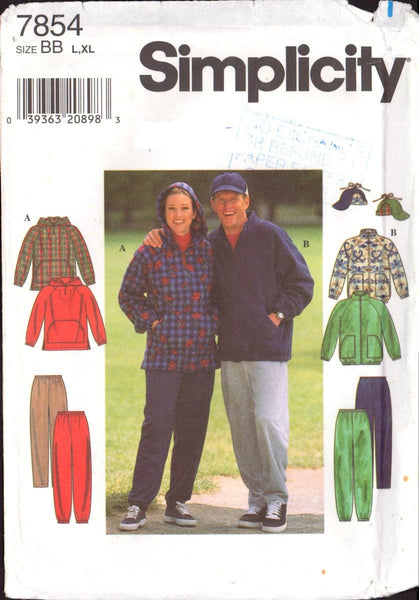 Simplicity 7854 Mens', Womens' Teens' Hooded Pullover Tops, Jackets, Pants and Hat, Uncut, Factory Folded Sewing Pattern Size L-XL