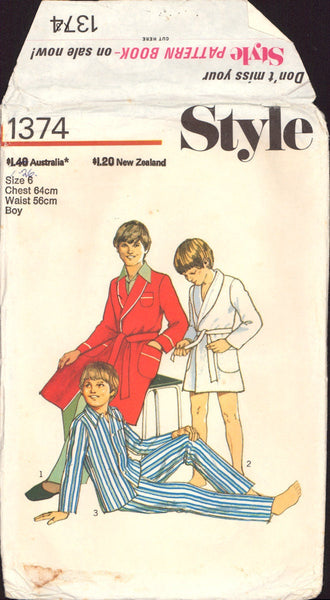 Style 1374 Sewing Pattern, Boys' Robe Pajamas, Partially Cut, Complete, Size 6 OR 12