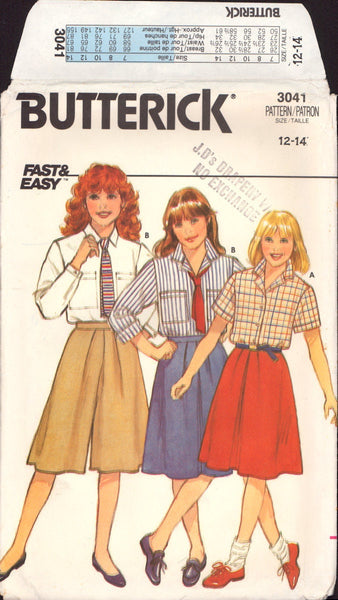 Butterick 3041 Girls' Shirt Skirt and Culottes, Sewing Pattern, Size 12-14, PARTIALLY CUT, COMPLETE