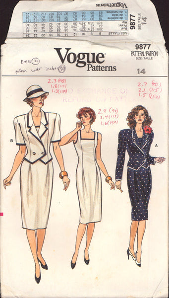 Vogue 9877 Sewing Pattern, Dress and Jacket, Size 14, CUT, INCOMPLETE