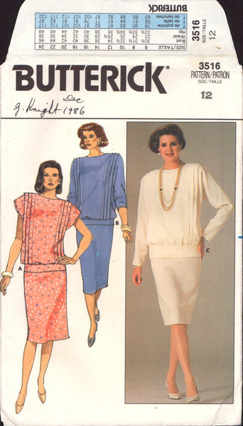 Butterick 3516 Sewing Pattern, Top and Skirt, Size 12, PARTIALLY CUT, COMPLETE