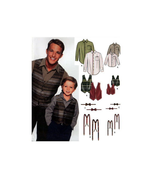Simplicity 7030 Father and Son Shirt, Vest, Bow Tie and Suspenders, Uncut, Factory Folded, Sewing Pattern Multi Size S-L/S-XL
