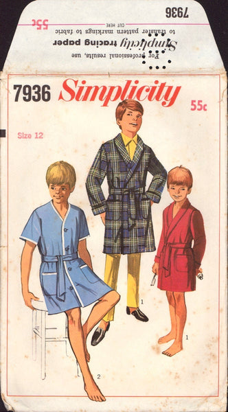 Simplicity 7936 Boys' Robe, Sewing Pattern, Size 12, PARTIALLY CUT, COMPLETE
