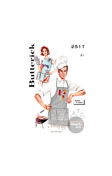 60s His and Hers Cobbler Aprons with Chef's Hat and Mitt, One Unisex Size, Butterick 2517, Vintage Sewing Pattern Reproduction