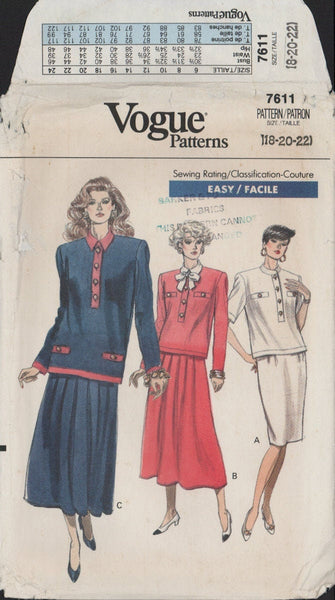 Vogue 7611 Sewing Pattern Top Skirt, Size 18-20-22, Uncut, Factory Folded