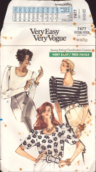Vogue 7477 Half-size Top, Sewing Pattern, Size 8-10-12, CUT, COMPLETE