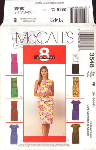 McCall's 3548 Sewing Pattern Tops Skirt Size 16-22, Uncut, Factory Folded
