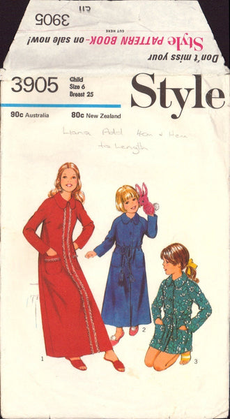 Style 3905 Sewing Pattern, Child's and Girls' Dressing Gown, Size 6, CUT, COMPLETE