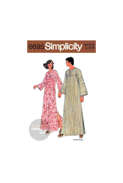 70s Unisex Kimono Sleeve Caftan with Slit Opening in High Round Neckline, Various Sizes, Simplicity 6695, Sewing Pattern Reproduction