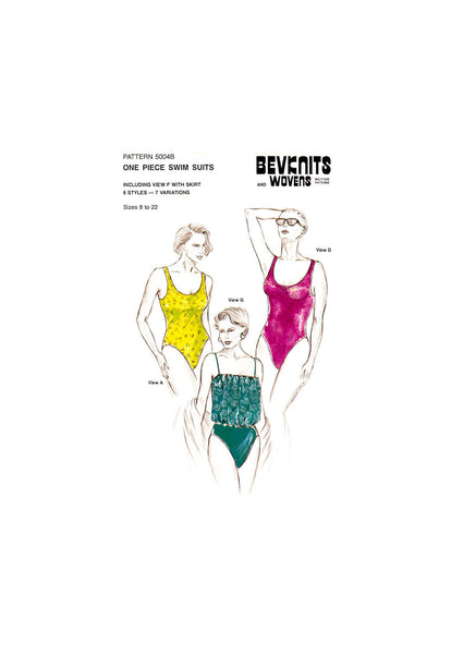Bevknits 5004B One Piece Swimsuits in Six Styles with Skirt Variations, Uncut, Factory Folded, Vintage Sewing Pattern Multi Size 8-22