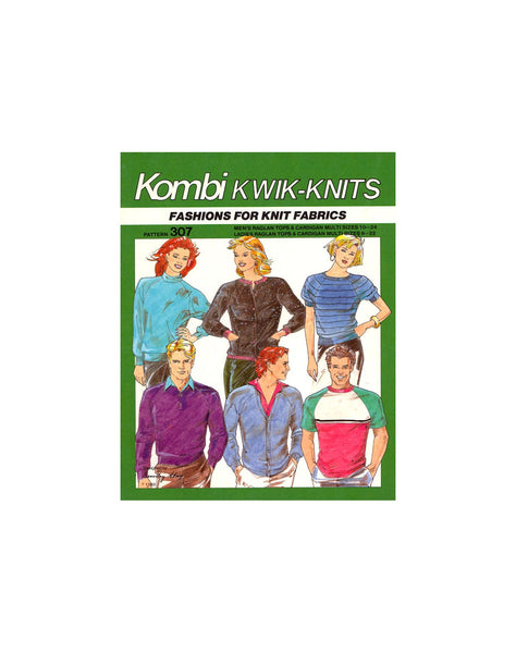 Kombi Kwik Knits 307 Unisex Raglan Tops and Caridgans, Uncut, Factory Folded, Master Sewing Pattern Multi Plus Size 8-24