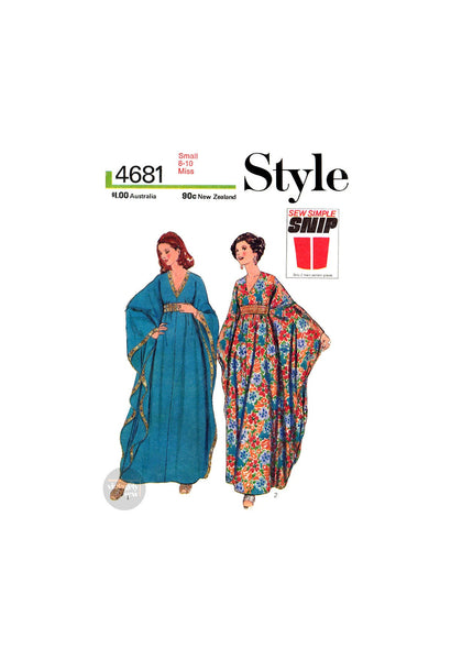 70s Batwing Caftan, Sizes 8-10 (31.5-32.5), 12-14 (34-36) or 38-40 (42-44), Style 4681 Vintage Sewing Pattern Reproduction
