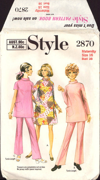 Style 2870 Sewing Pattern Maternity Dress or Tunic, Pants, Size 16, PARTIALLY CUT, COMPLETE