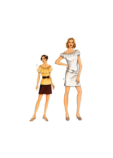 Vogue 7581 Short Sleeve Dress, Flounced Neckline Top and Straight Skirt, Uncut, Factory Folded, Sewing Pattern Size 8-12