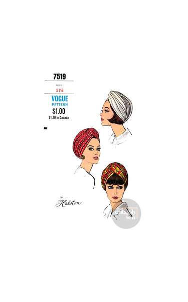 60s Tucked and Draped Turban Hat by Halston, Head Size 21.5 (54.6 cm), Vogue 7519, Vintage Sewing Pattern Reproduction