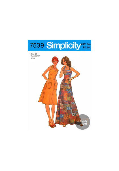 70s Halter Neck Sundress in Two Lengths, Bust 32.5" (83 cm) or Bust 34" (87 cm) Simplicity 7539, Vintage Sewing Pattern Reproduction