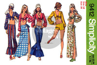 70s Music Festival Hip Hugger Pants, Shorts, Tops & Wrap Skirt, Bust 32.5 (83 cm) or 34 (87 cm), Simplicity 9412 Sewing Pattern Reproduction