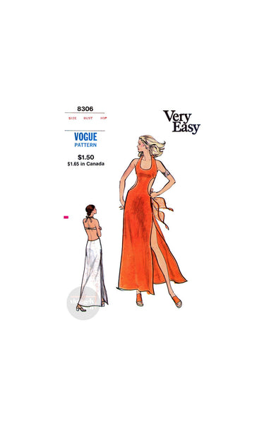 70s Sexy Side Cutout U-Neck Halter Dress with High Thigh Split, Bust 32.5" (83 cm) or 34" (87 cm) Vogue 8306, Sewing Pattern Reproduction