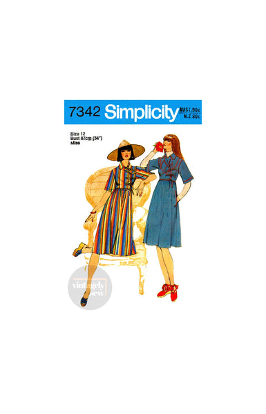 70s Boho Asymmetric Front, High Waist Dress with Above Elbow Sleeves, Bust 34" (87 cm), Simplicity 7342 Vintage Sewing Pattern Reproduction