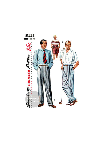 50s Men's Classic Front Pleated Golf Pants or Shorts, Waist 32" (81 cm), Simplicity S-113 Vintage Sewing Pattern Reproduction