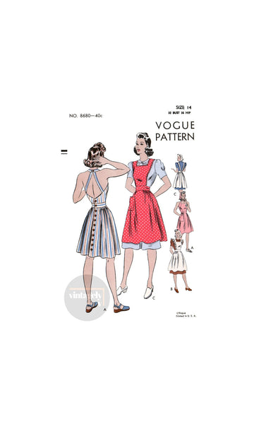40s Play Dress or Pinafore with Halter Neck or Bib Front, Bust 32" (81 cm), Vogue 8680, Vintage Sewing Pattern Reproduction