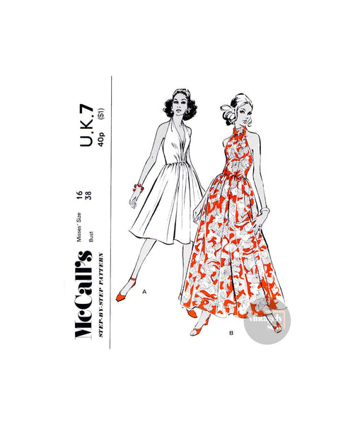 60s Short or Evening Length Halter Dress with Gathered Skirt, Bust 38" (97 cm), McCall's UK7, Vintage Sewing Pattern Reproduction