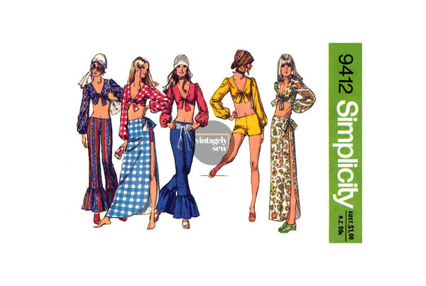 70s Music Festival Hip Hugger Pants, Shorts, Tops & Wrap Skirt, Bust 32.5 (83 cm) or 34 (87 cm), Simplicity 9412 Sewing Pattern Reproduction