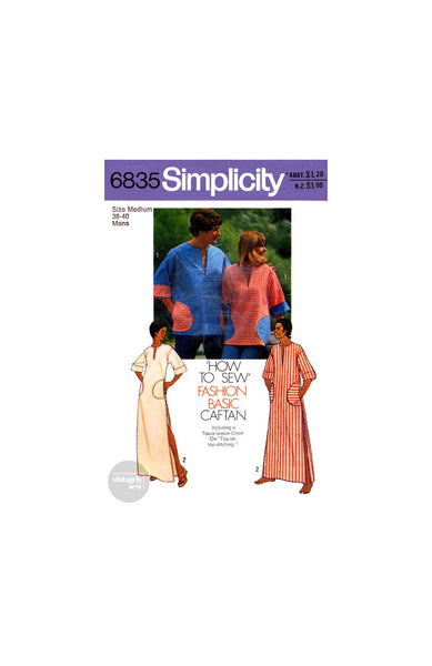 70s Men's Caftan or Pullover Top for Beginners, Chest 38-40, Simplicity 6835, Vintage Sewing Pattern Reproduction
