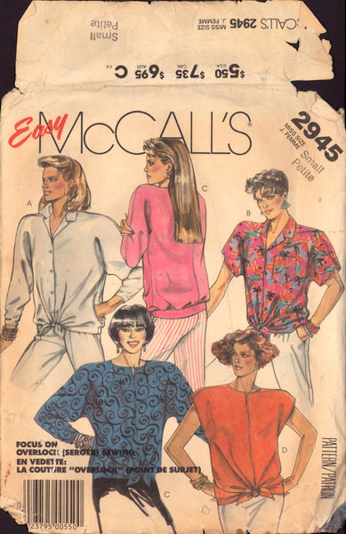 McCall's 2945 Sewing Pattern, Women's Tops, Size Small (10-12), CUT, COMPLETE