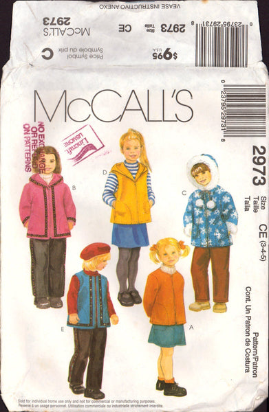 McCall's 2973 Sewing Pattern Child's Unlined Jacket or Vest, Skirt and Pants, Size 3-4-5, Uncut